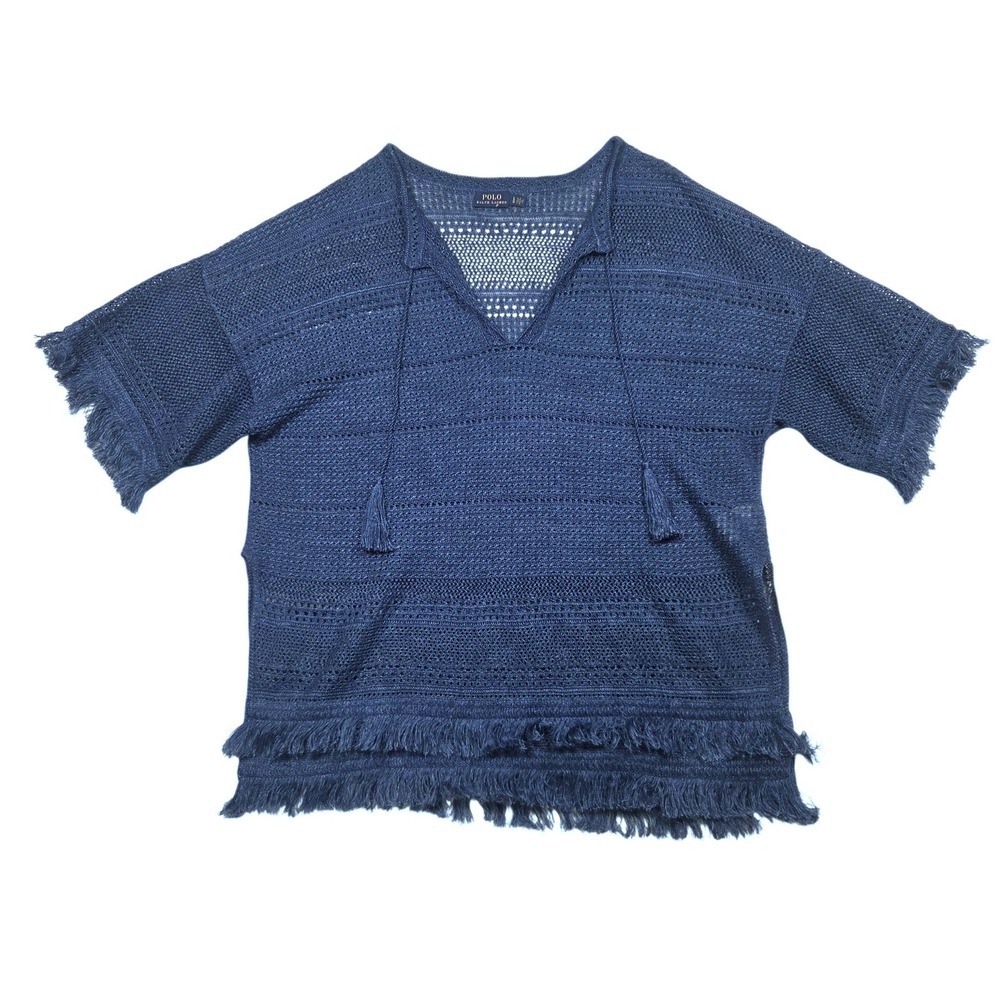 New Polo Ralph Lauren Linen Blend Crochet Top Womens Large Blue Fringe Tassel